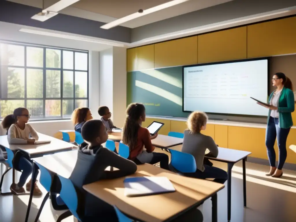 Un aula moderna llena de estudiantes participando en una lección de matemáticas