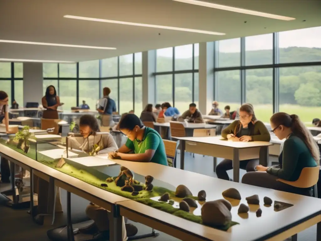 Un aula moderna llena de estudiantes trabajando en actividades prácticas sobre evolución humana