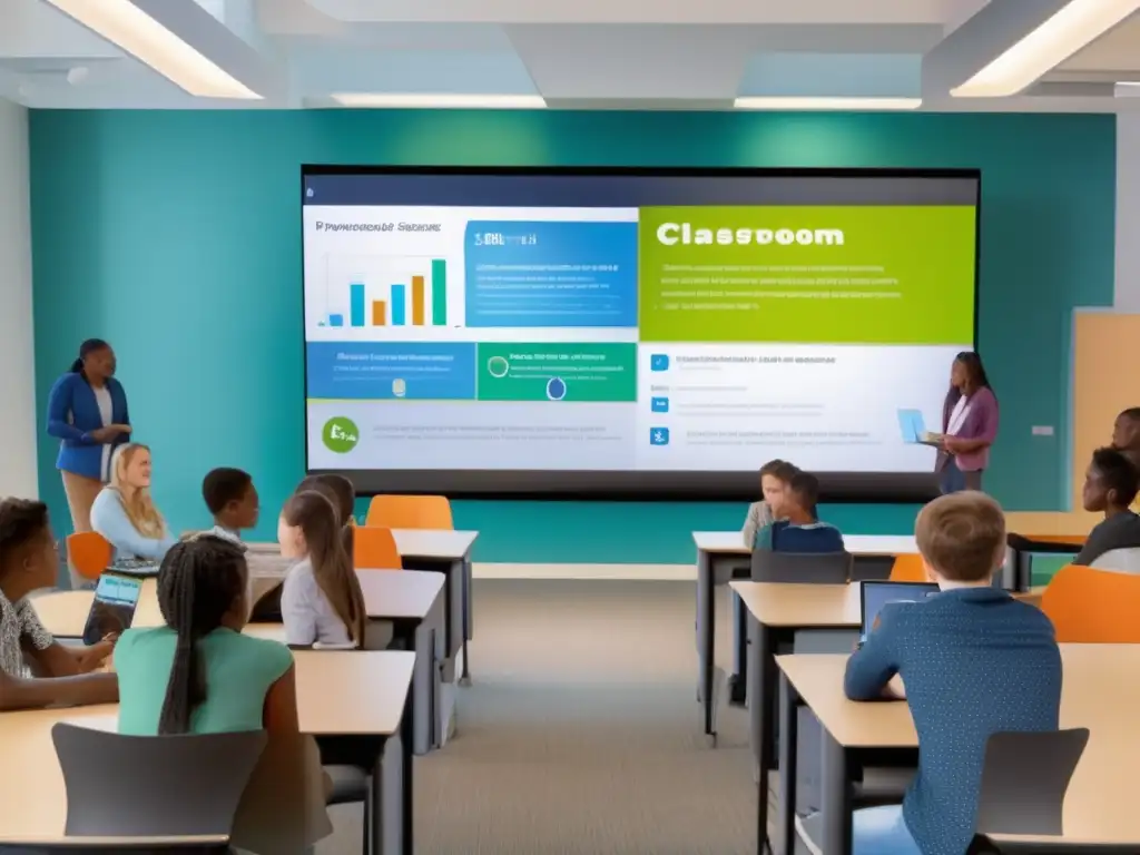 Un aula moderna llena de luz natural, estudiantes colaborando y usando plataformas de IA para aprender