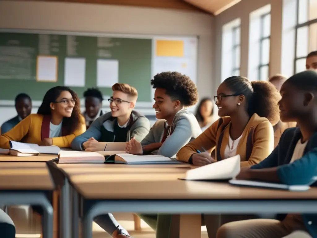 Un aula moderna llena de luz natural, donde estudiantes diversos se sumergen en sus estudios