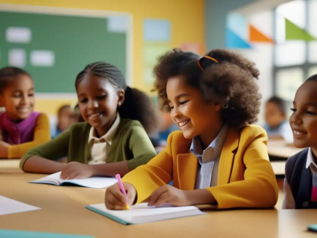 Un aula moderna llena de vida y aprendizaje, donde niños de 6 a 12 años participan activamente en diversas actividades educativas