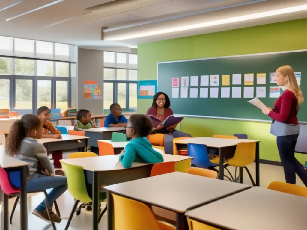 Un aula moderna llena de vida, donde estudiantes diversos colaboran y aprenden con estrategias de lectoescritura y neurociencia