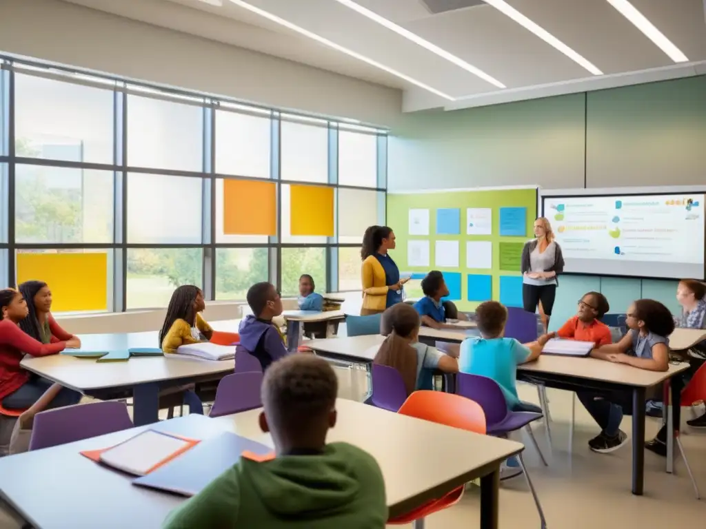 Un aula moderna y luminosa donde estudiantes colaboran en actividades de aprendizaje constructivista