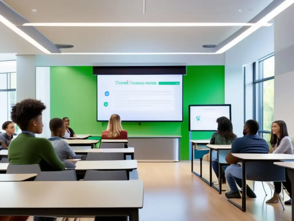 Un aula moderna y luminosa donde estudiantes participan activamente en lecciones con aprendizaje efectivo y doble codificación