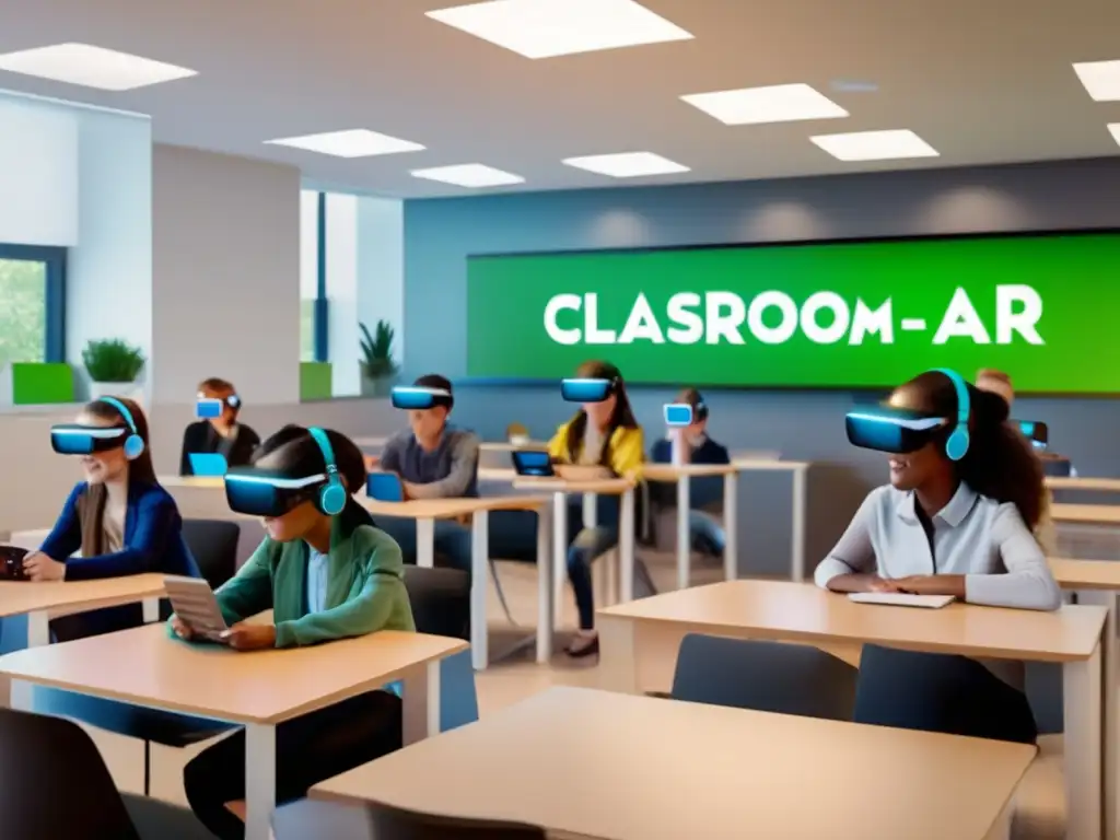 Experiencia educativa revolucionaria: Realidad aumentada en el aula En un aula moderna y luminosa, estudiantes entusiastas usan auriculares de realidad aumentada para una sesión de tutoría especializada