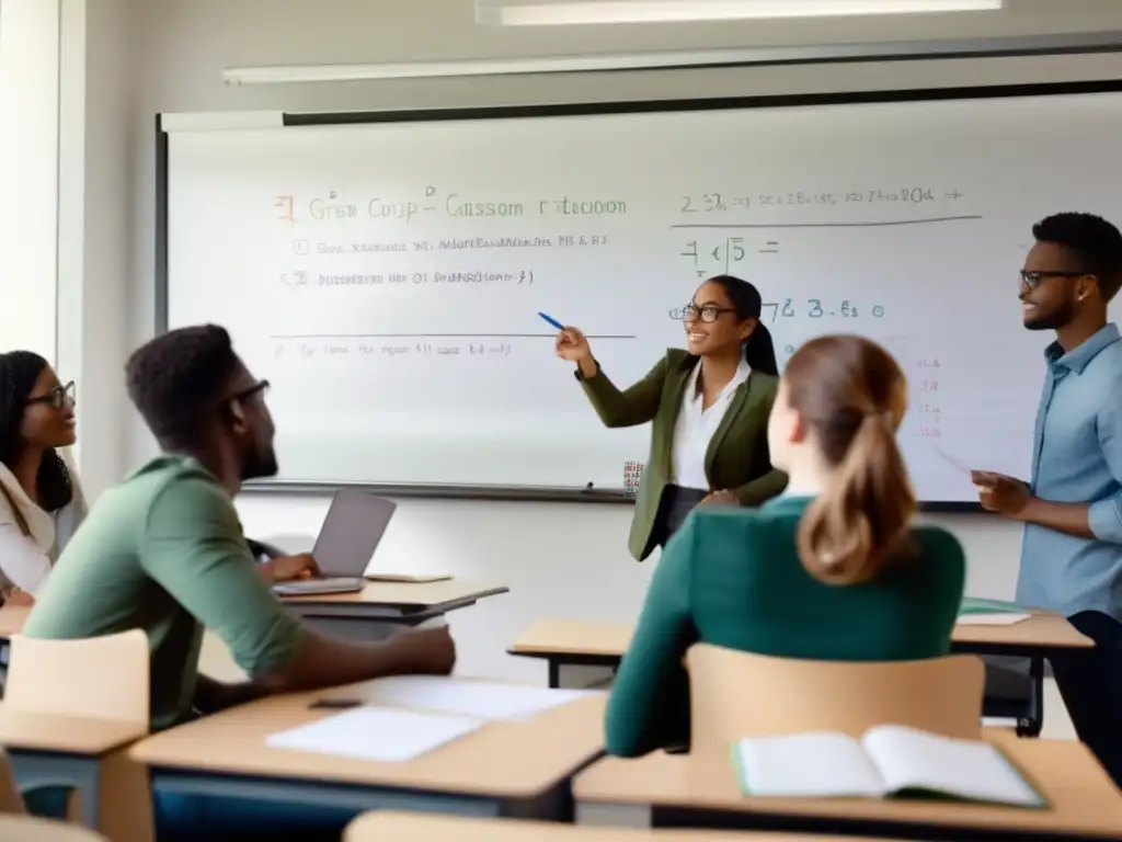 Un aula moderna y luminosa donde estudiantes y tutor se enfocan en las matemáticas