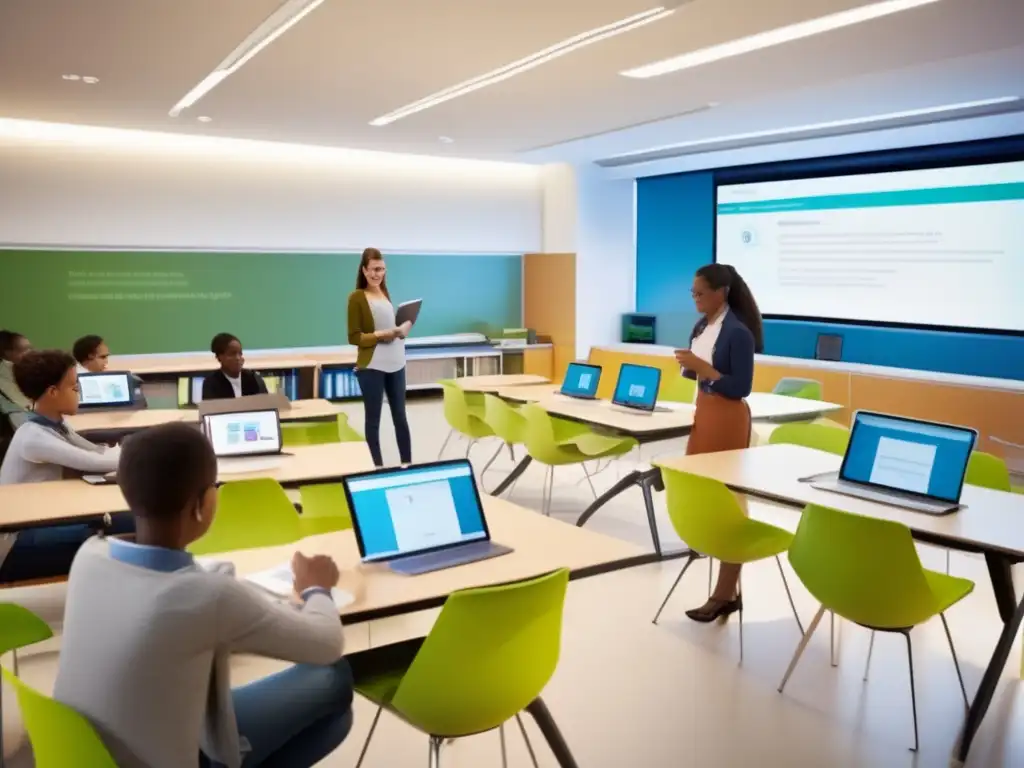 Un aula moderna y luminosa, con estudiantes participando activamente en actividades de MLearning