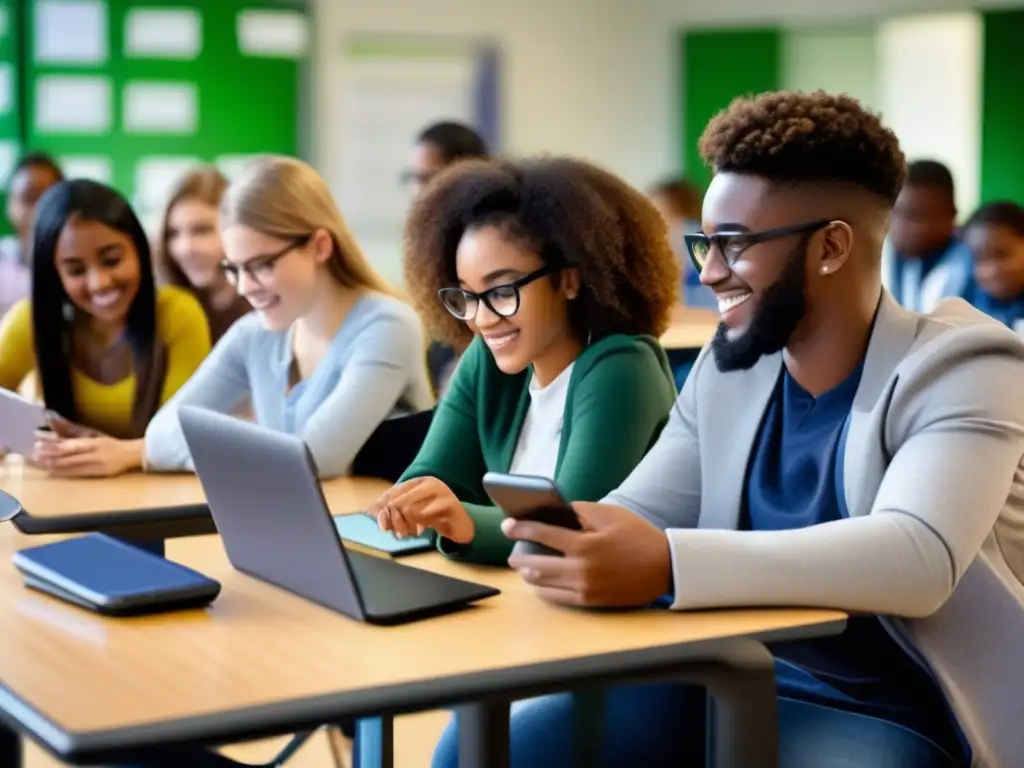 Un aula moderna y luminosa donde estudiantes diversos se sumergen en el aprendizaje móvil, aprovechando las ventajas de la tecnología educativa