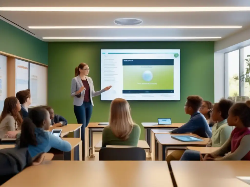 Un aula moderna y luminosa con estudiantes participativos y un profesor discutiendo el efecto fotoeléctrico usando tecnología educativa