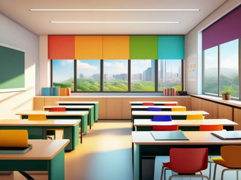 Un aula moderna y luminosa, con grandes ventanales y decorada con posters educativos