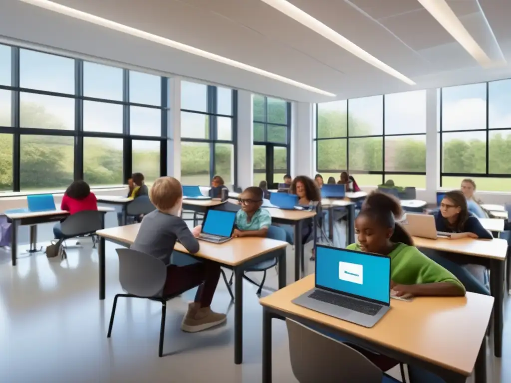 Un aula moderna y luminosa llena de estudiantes colaborando en línea