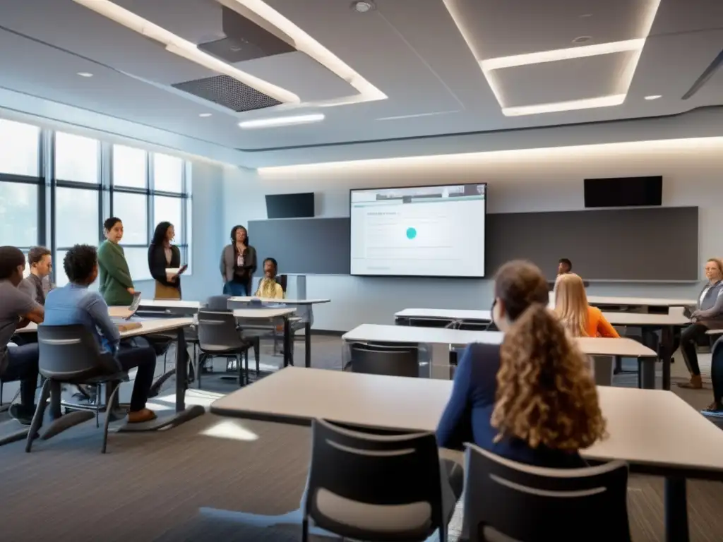 Un aula moderna y luminosa con tecnología de vanguardia donde estudiantes y profesor discuten el entrelazamiento cuántico en tutorías especializadas