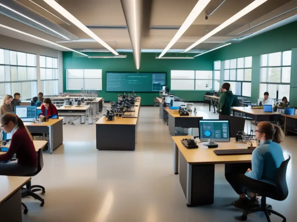 Un aula moderna rebosante de equipamiento científico avanzado y estudiantes inmersos en experimentos colaborativos, reflejando el legado de Heisenberg