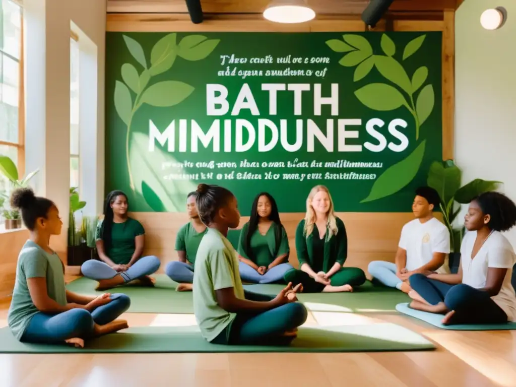 Un aula moderna y serena, bañada en suave luz natural, donde los estudiantes practican meditación mindfulness