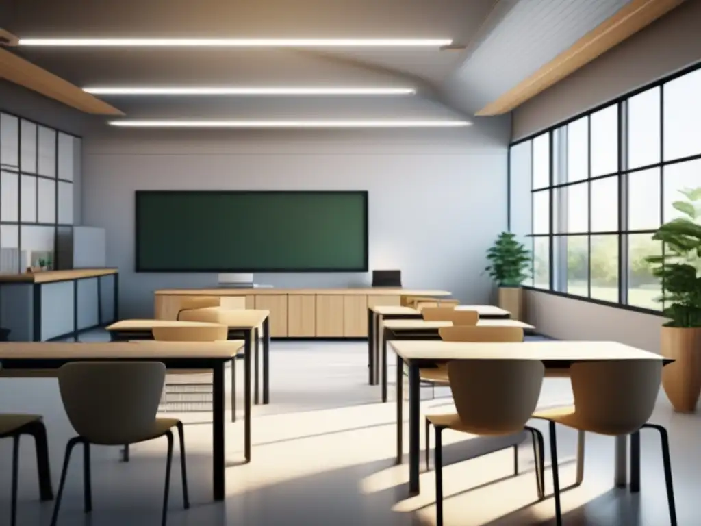 Un aula moderna y serena, con diseño minimalista y tecnología de vanguardia