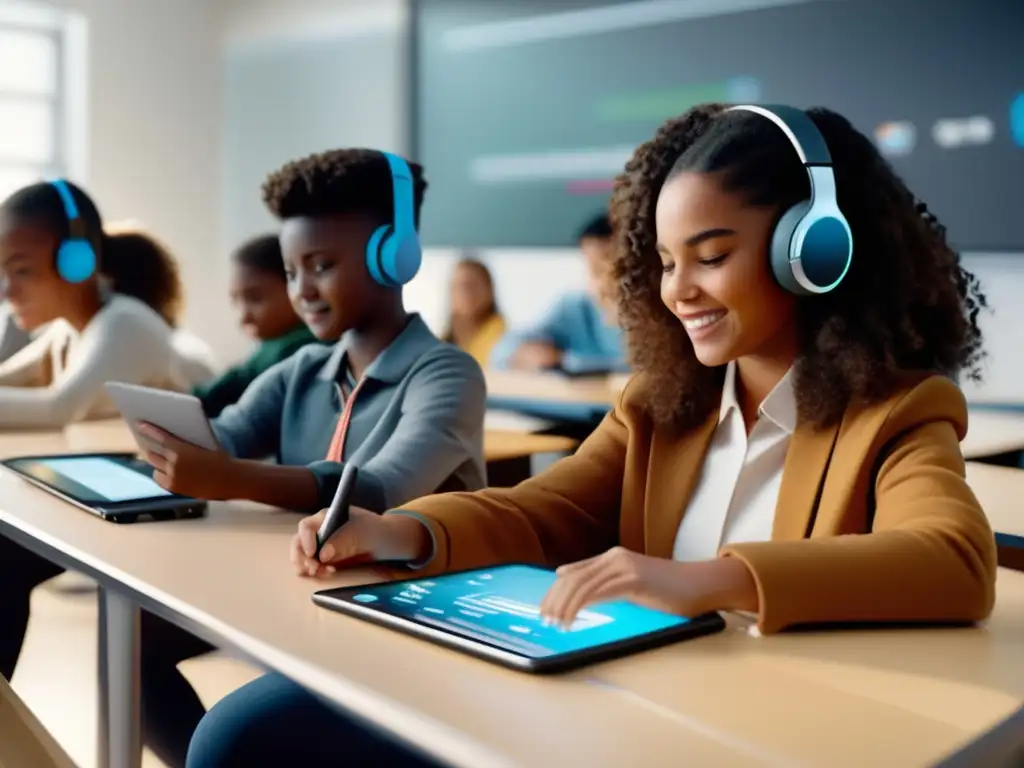 Un aula moderna y vibrante, bañada en luz natural, donde estudiantes diversos disfrutan de la educación personalizada con tecnología de vanguardia