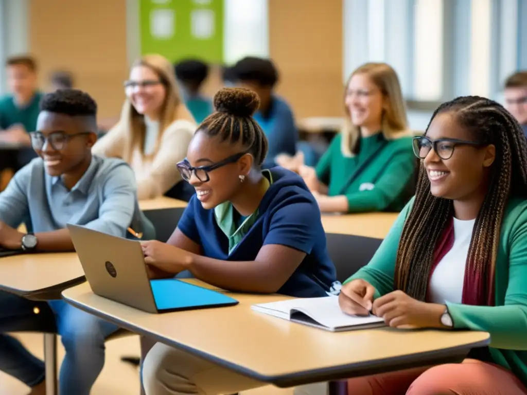 Estudiantes diversos participan en actividades académicas innovadoras Un aula moderna y vibrante, donde estudiantes diversos participan en disciplinas académicas con aprendizaje adaptativo personalizado