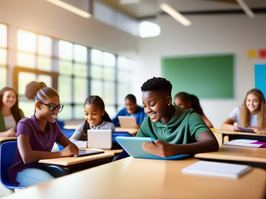 Un aula moderna y vibrante donde estudiantes diversos disfrutan de técnicas de apoyo educativo personalizado