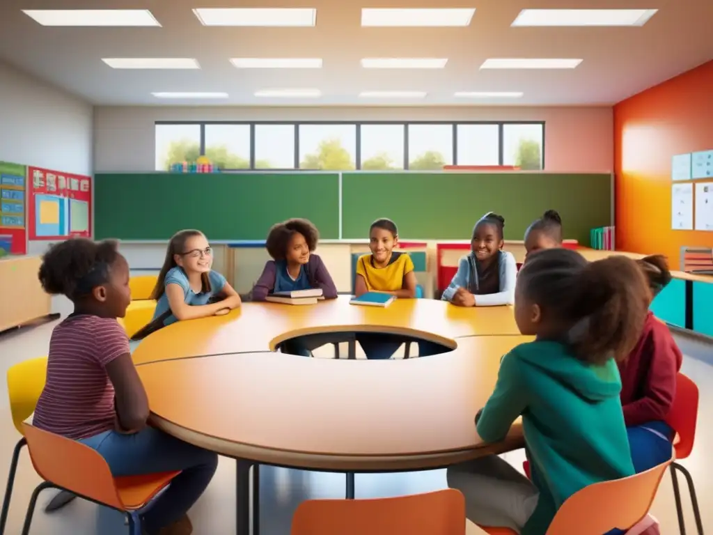 Un aula moderna y vibrante donde estudiantes diversos participan activamente en una emocionante tutoría