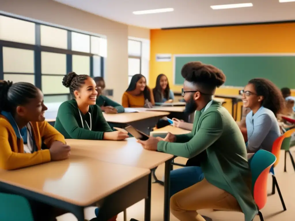 Un aula moderna y vibrante con estudiantes diversos participando en actividades educativas, potenciando los beneficios de la neurociencia educativa