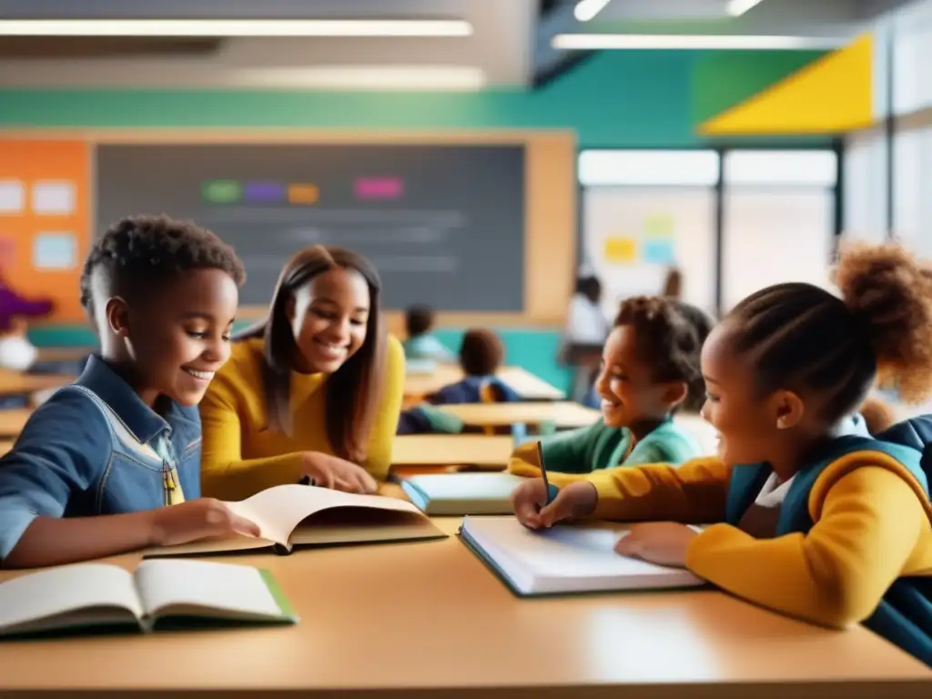 Un aula moderna y vibrante que resalta la importancia de la neurociencia educativa en el aprendizaje y emociones