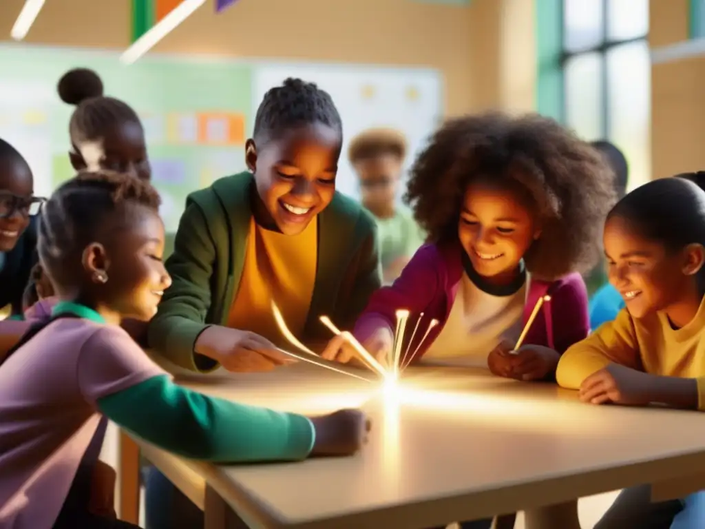 Un aula moderna y vibrante muestra a niños diversos participando activamente en actividades educativas