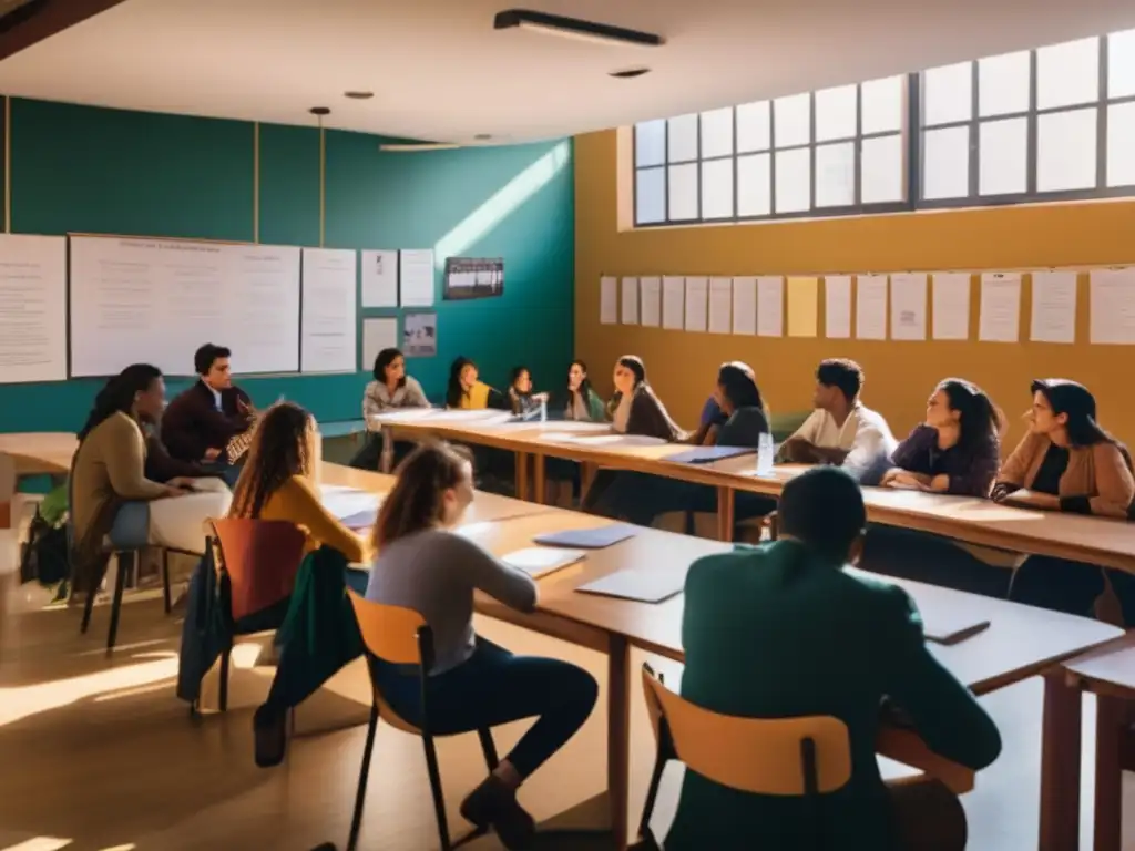 Un aula universitaria llena de estudiantes participando en una clase de poesía de Pablo Neruda