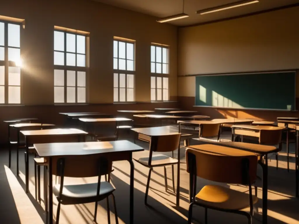 Un aula vacía iluminada por la luz del sol, con sombras largas y partículas de polvo en el aire