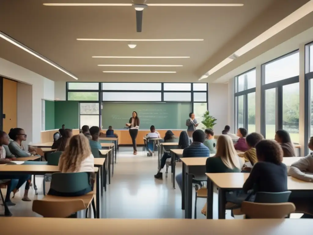 En una aula vibrante, bañada por luz natural, estudiantes y profesor se sumergen en el aprendizaje situado