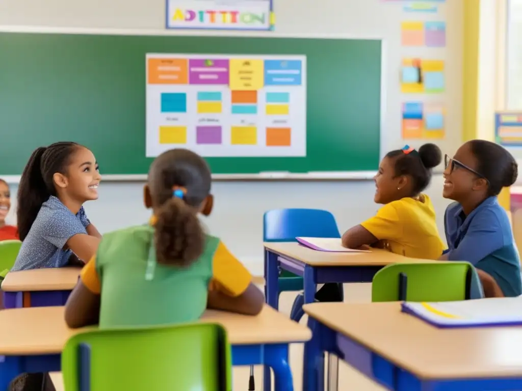 Un aula vibrante y colorida, donde estudiantes diversos dominan operaciones básicas matemáticas