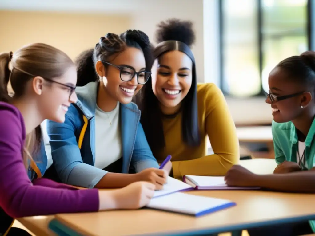 Un aula vibrante y contemporánea donde estudiantes diversos participan activamente en una tutoría, resaltando la importancia del lenguaje inclusivo