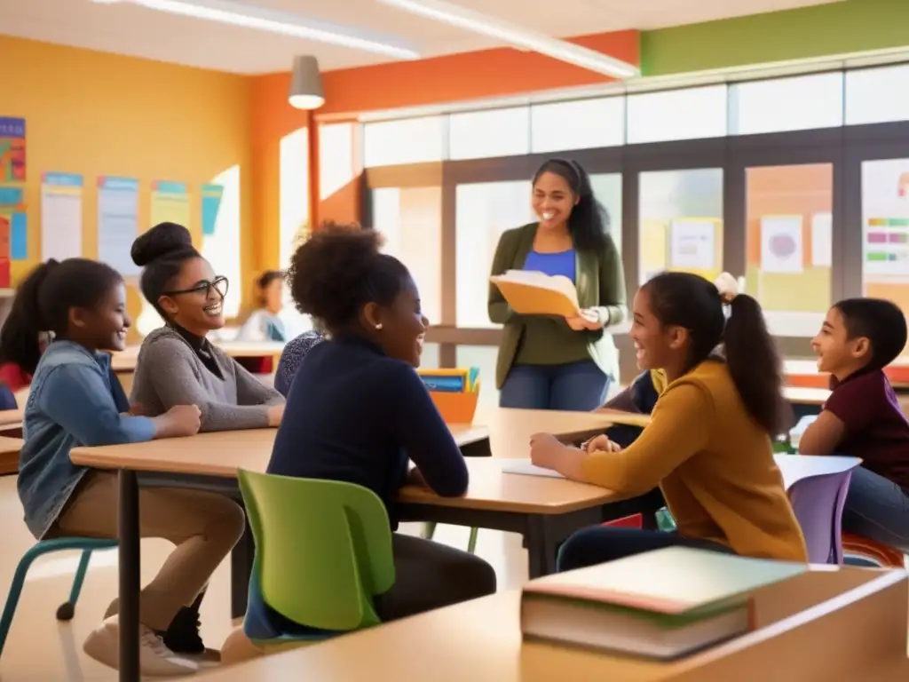 Un aula vibrante y diversa, bañada en cálida luz solar, captura la esencia de la inclusión multicultural