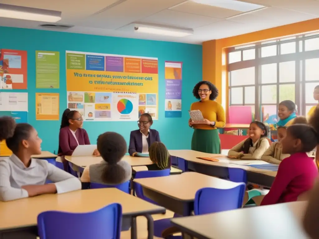 Un aula vibrante y diversa, llena de estudiantes de diferentes edades, habilidades y etnias, se muestra en la imagen