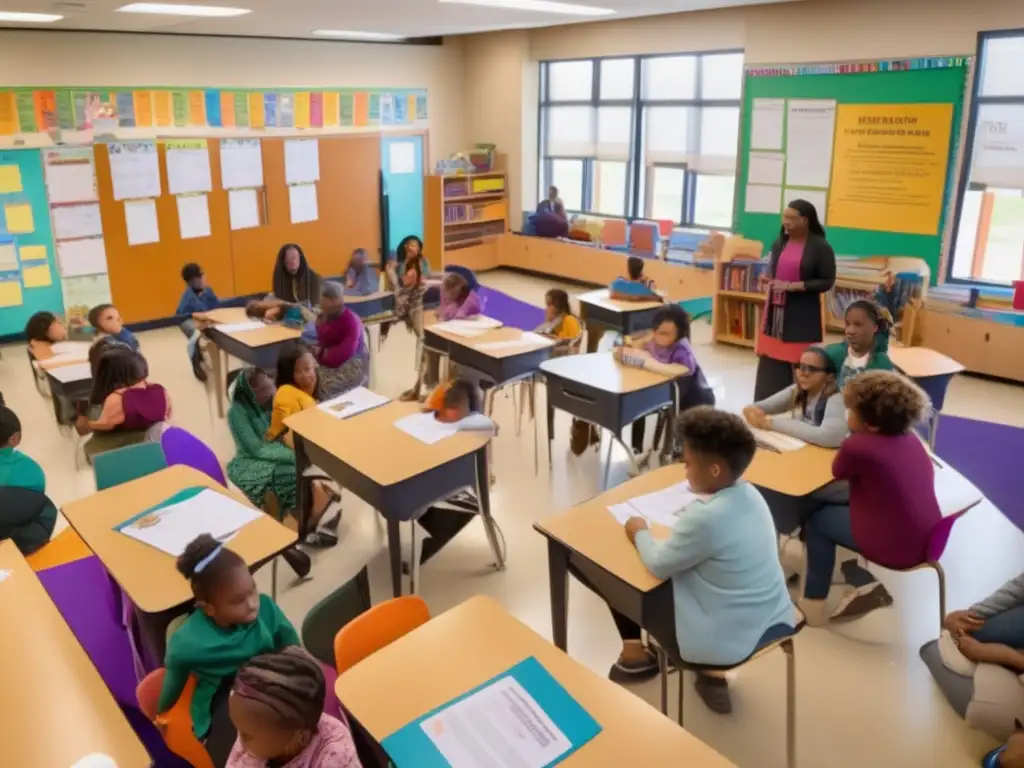 Un aula vibrante y diversa, llena de estudiantes comprometidos en actividades educativas