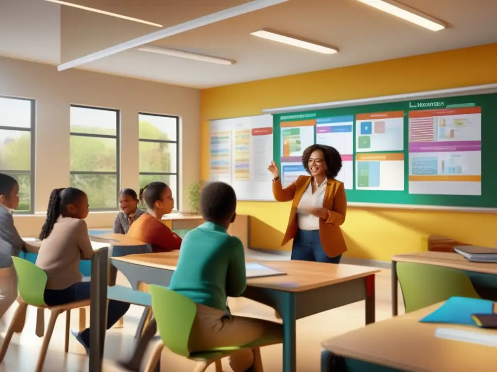 Un aula vibrante y espaciosa, llena de luz natural, donde diversos alumnos participan activamente en una lección de idiomas