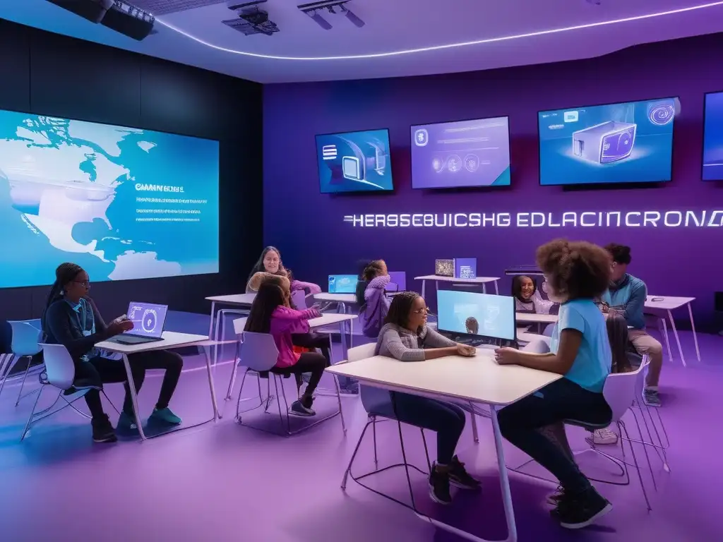 Un aula vibrante y futurista bañada en tonos azules y morados, donde estudiantes participan en actividades de aprendizaje interactivo