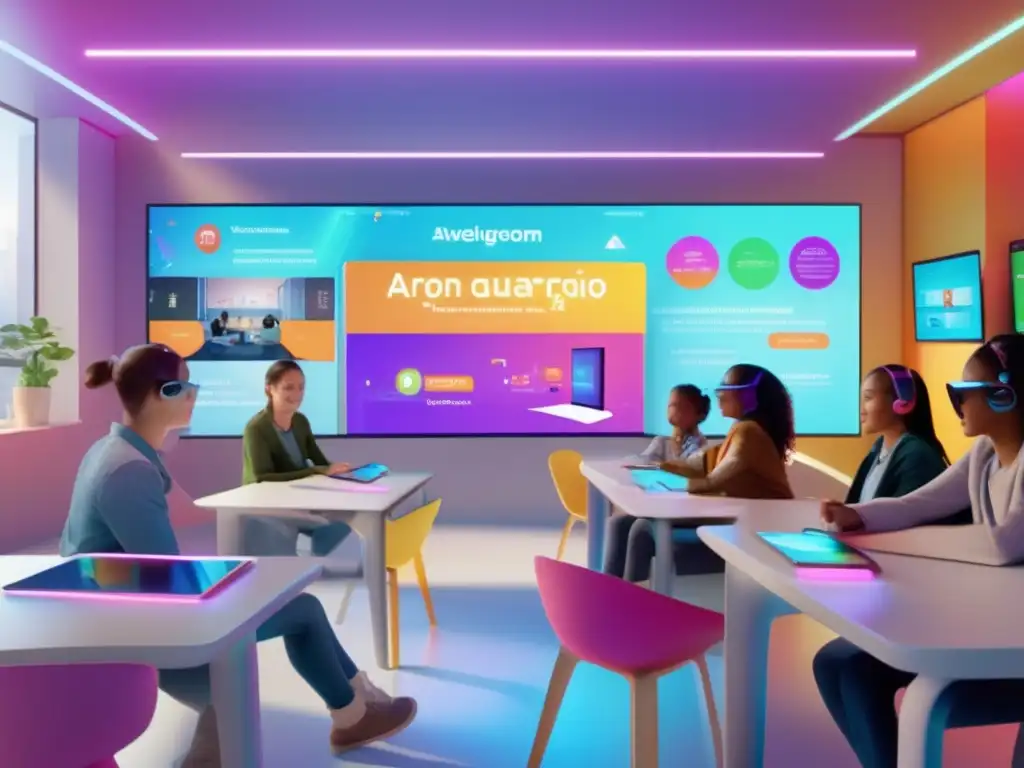 Un aula futurista y vibrante: aprendizaje de idiomas con realidad aumentada Un aula vibrante y futurista donde los estudiantes experimentan la enseñanza de idiomas con realidad aumentada