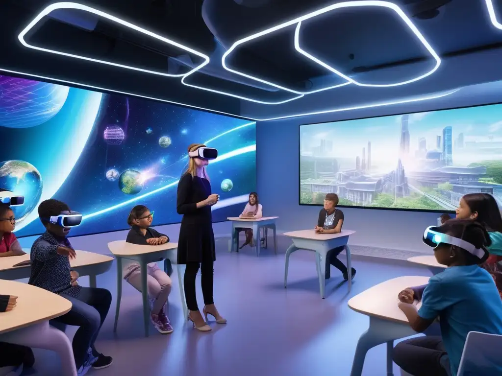 Un aula vibrante y futurista, donde estudiantes y docente se sumergen en experiencias de realidad virtual