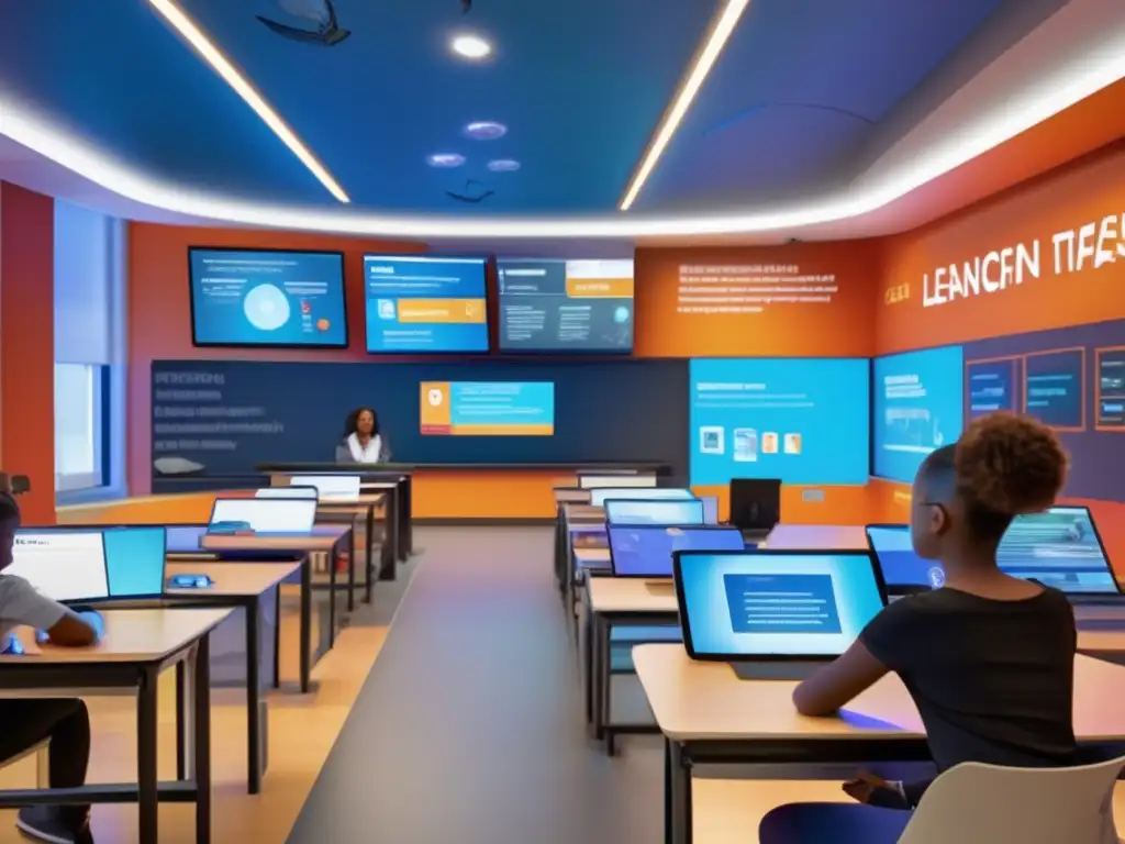 Un aula futurista y vibrante: la educación del mañana Un aula vibrante y futurista llena de estudiantes de diversos orígenes, inmersos en el aprendizaje colaborativo