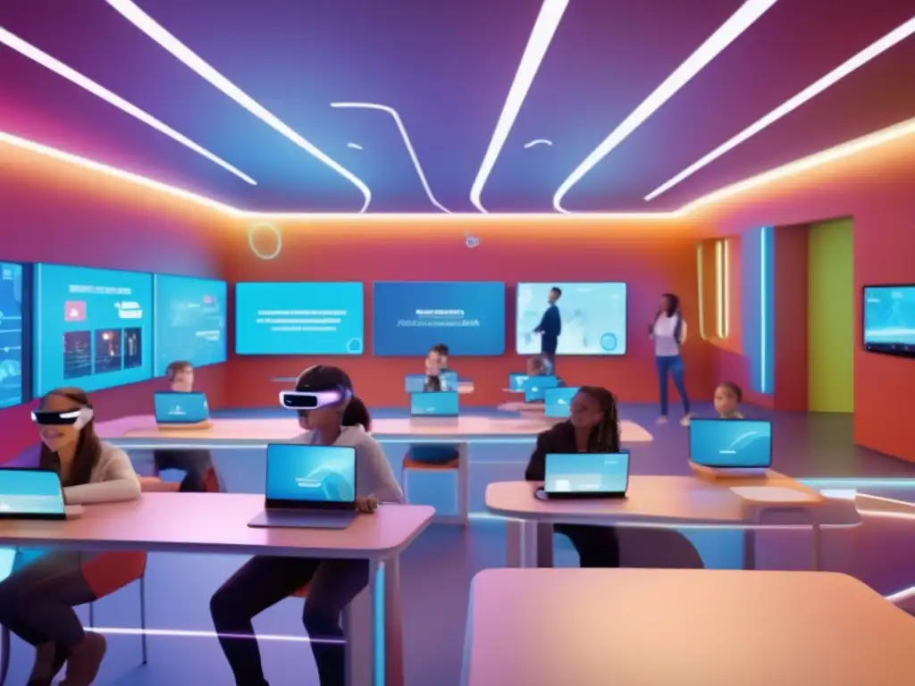 Un aula futurista llena de tecnología de vanguardia y entusiasmo Un aula vibrante y futurista muestra el potencial de la realidad aumentada en la rehabilitación educativa