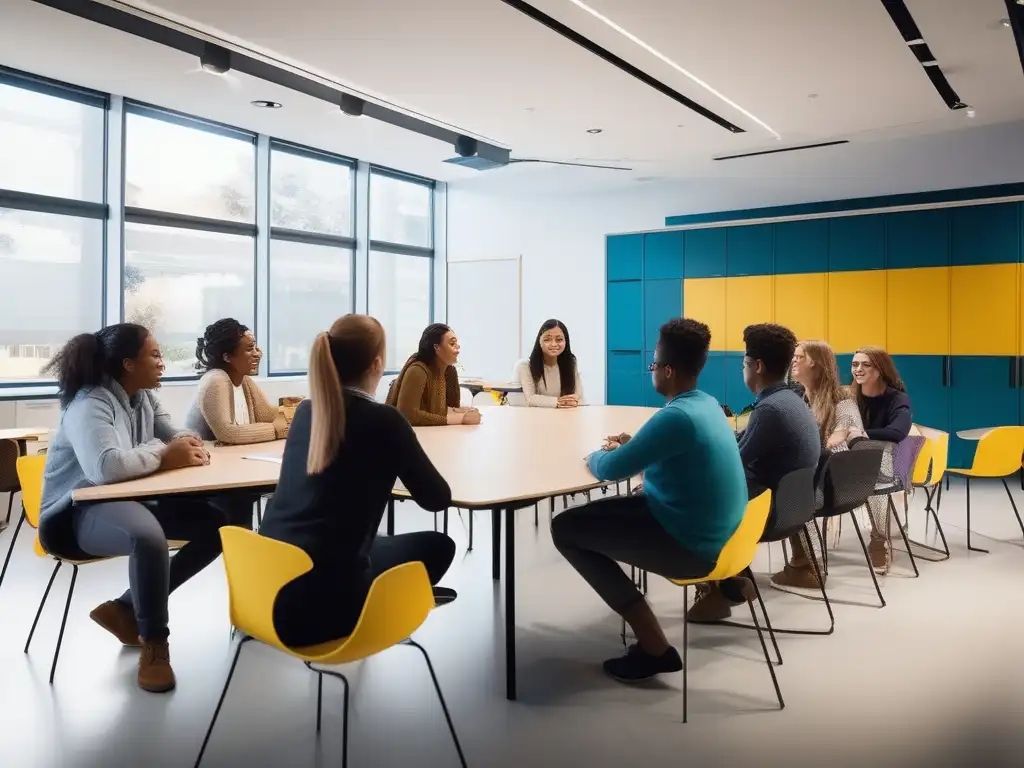 Un aula vibrante llena de estudiantes entusiastas, participando en discusiones y actividades de aprendizaje colaborativo