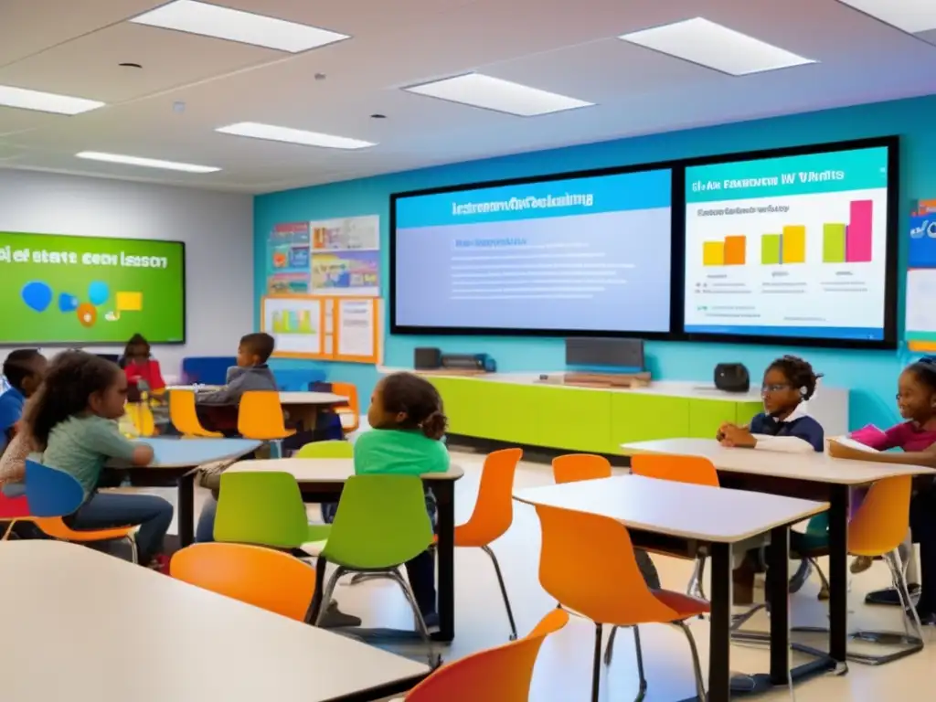 En un aula vibrante y moderna, estudiantes de diversas edades y orígenes se sumergen en actividades educativas interactivas