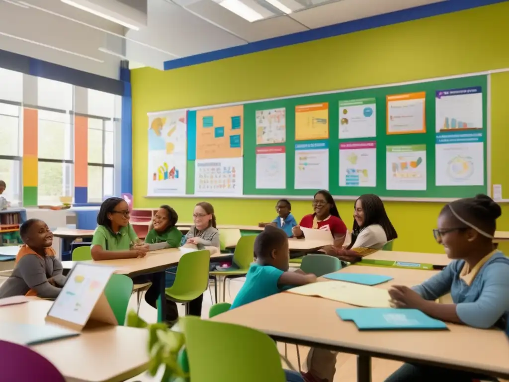 Un aula vibrante y moderna, donde estudiantes diversos colaboran en proyectos, reflejando estrategias tutorías inclusivas TDAH aprendizaje