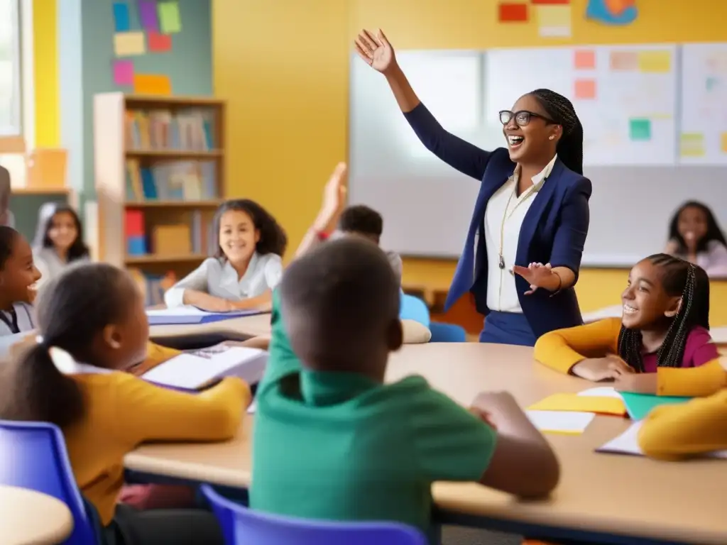 Un aula vibrante y moderna muestra a estudiantes diversos participando en actividades de aprendizaje interactivo