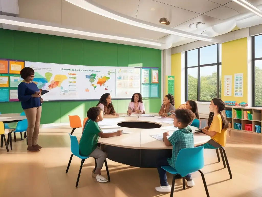 Una aula vibrante y moderna con estudiantes diversos comprometidos en actividades de aprendizaje interactivo