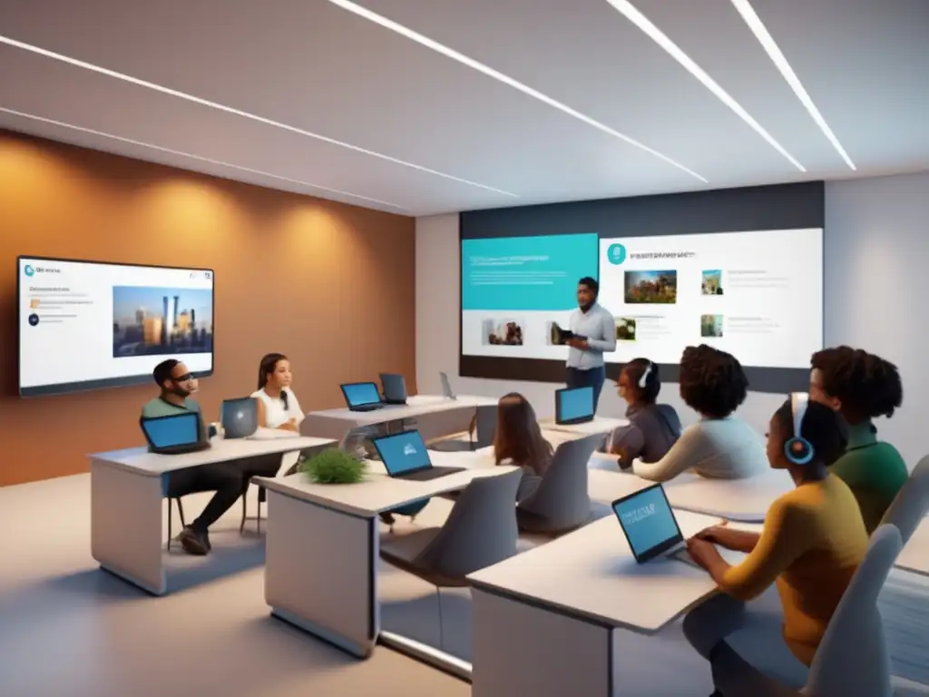 Un aula virtual de última generación en 8k, donde estudiantes diversos aprenden idiomas de forma inmersiva