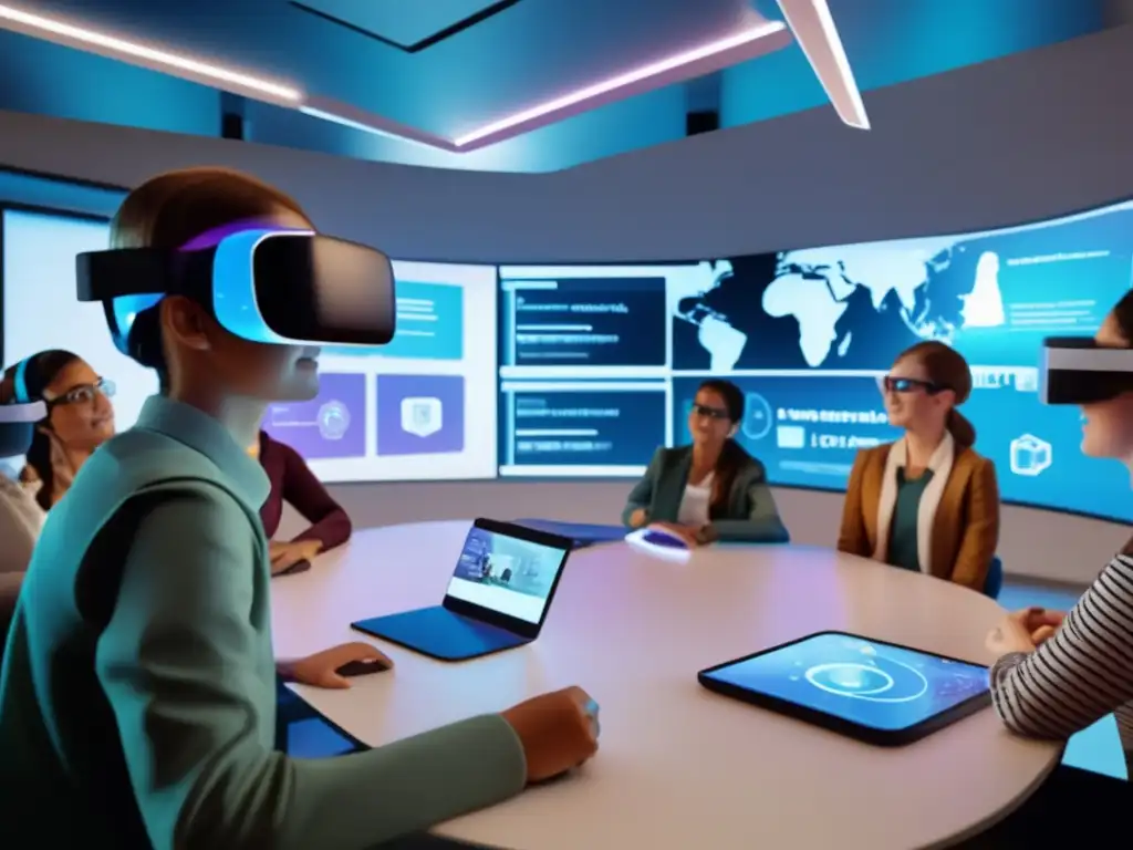 Un aula virtual futurista muestra estudiantes usando visores de realidad aumentada, interactuando con pantallas holográficas y tecnología avanzada