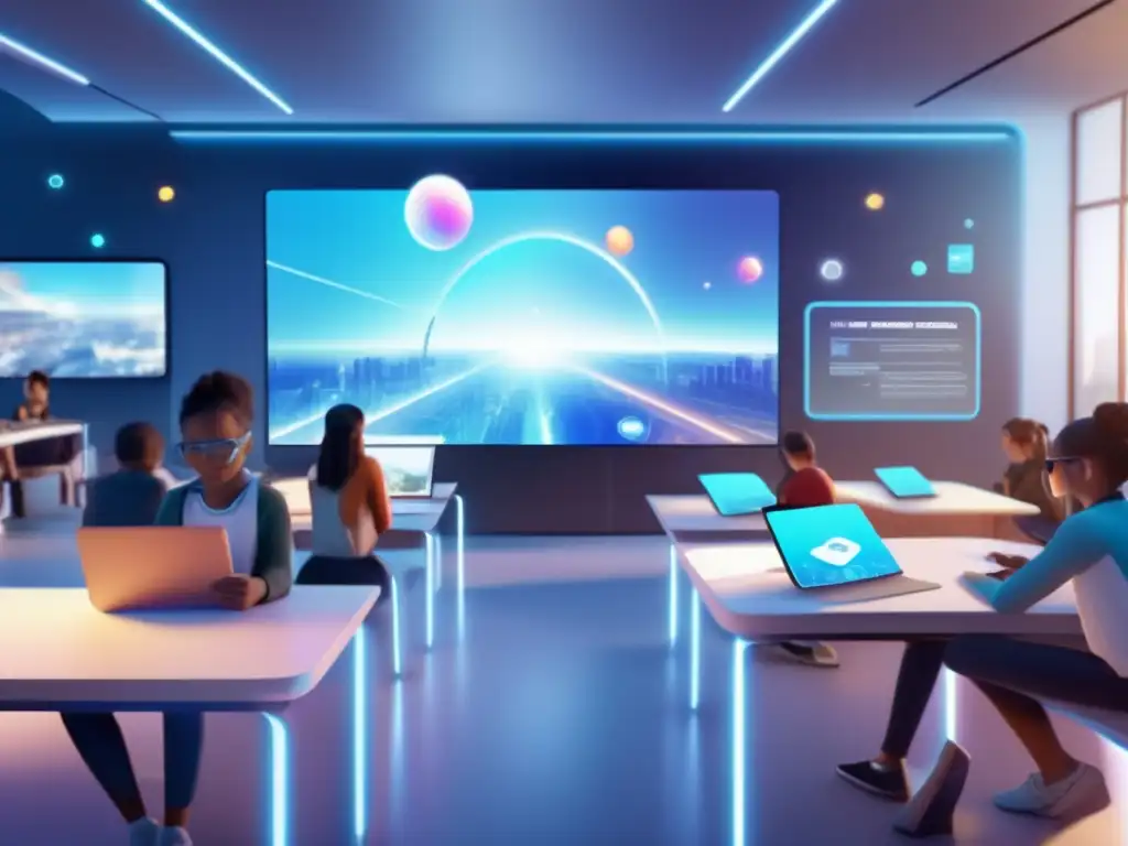 Aula virtual futurista: Estudiantes inmersos en la educación digital interactiva Un aula virtual futurista llena de gadgets de alta tecnología y estudiantes inmersos en actividades interactivas con eBooks