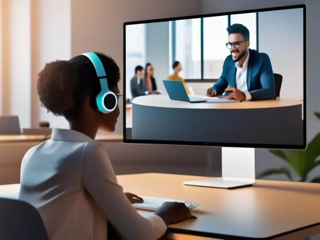 Conexión virtual: Tutoría de calidad a través de videoconferencia En un aula virtual moderna y minimalista, tutor y estudiante se comunican fluidamente, mejorando la tutoría a través de videoconferencias