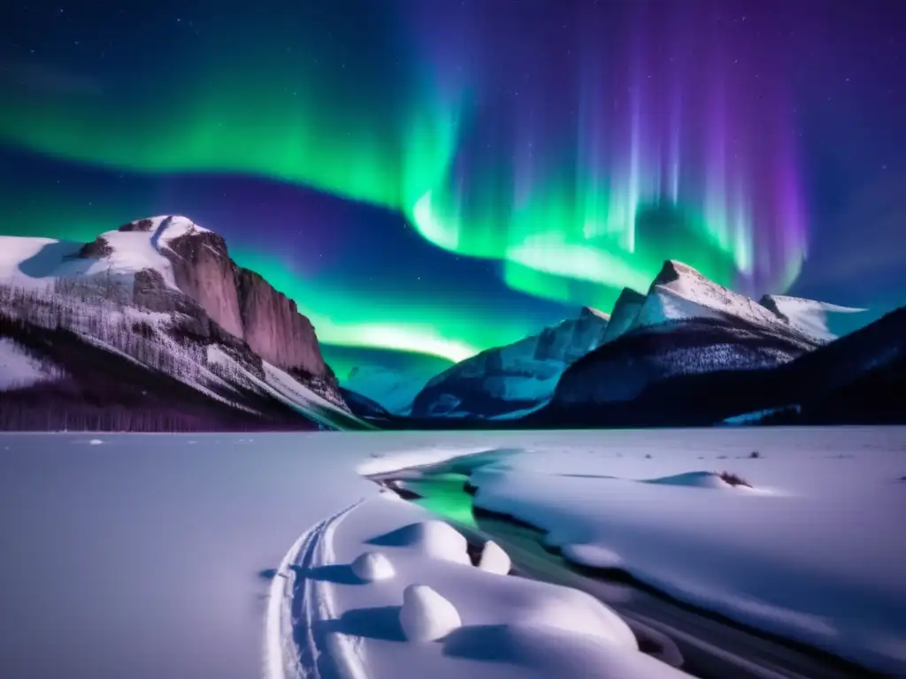 La aurora boreal baila sobre el cielo estrellado y nevado, creando un espectáculo de colores vibrantes y patrones hipnóticos